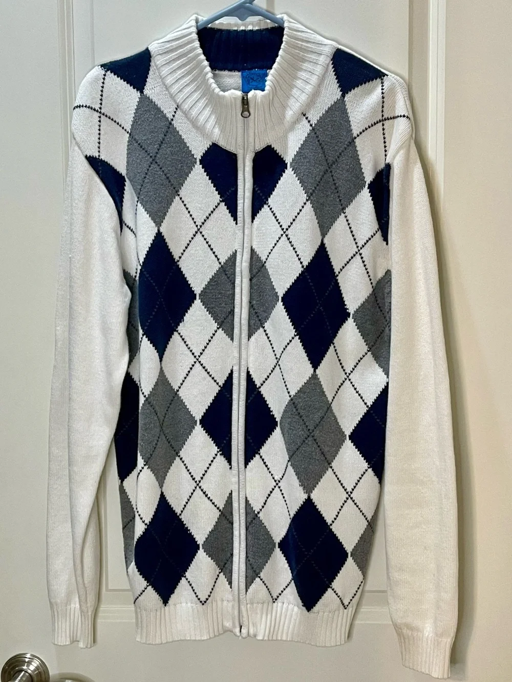 Men's Argyle Zip-Up Sweater Cotton Blend - White, Navy & Gray L